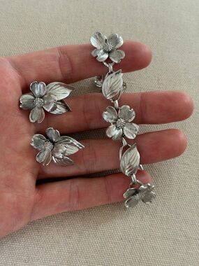 Vintage Sterling Silver Dogwood Bracelet and Clip Ons Set